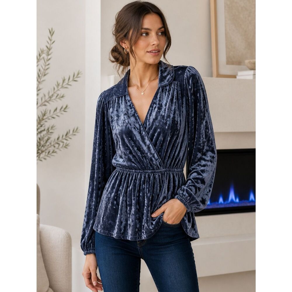 Modcloth Peak of Chic Crushed Velvet Top Faux Wrap Puff Sleeve Blue S